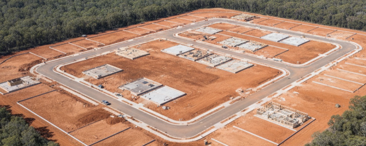 Aerial view of drone view of a new SEQ residential estate mid-development, roads and slabs laid